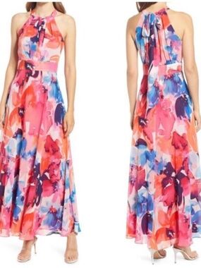 Eliza J Floral-Print Halter-Neck Maxi Dress, size 12